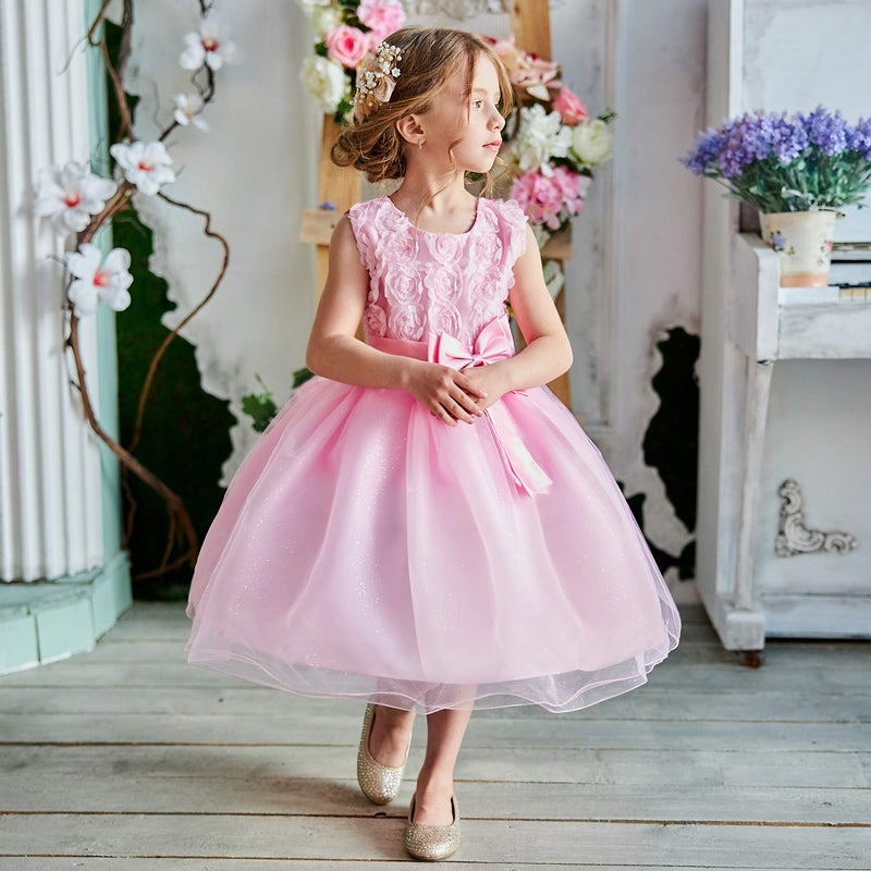 NNJXD Girl Sleeveless Lace 3D Flower Tutu Holiday Princess Dresses Size 5-6 Years Pink - Image 3